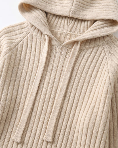 Hooded Ribbed Midi Sweater Dress With Drawstring - close-up detail (Oatmeal Beige)