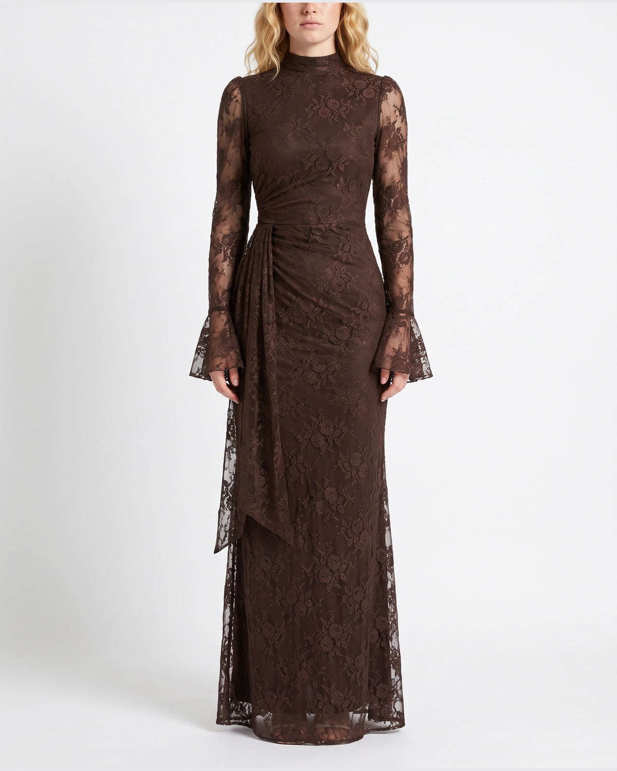 Lace Long Sleeve Formal Maxi Dress With Mock Neck in Coffee Brown