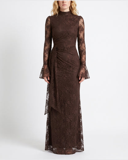 Lace Long Sleeve Formal Maxi Dress With Mock Neck in Coffee Brown