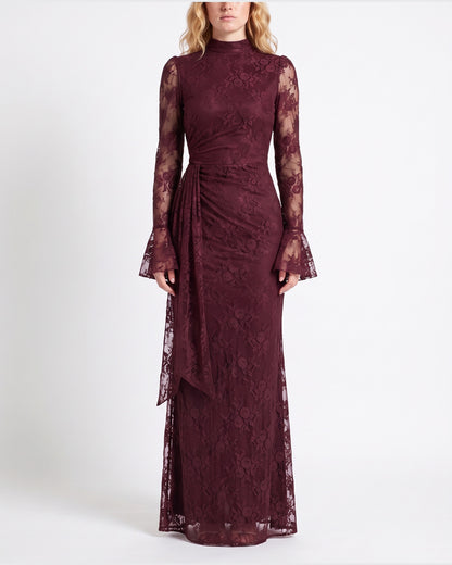 Lace Long Sleeve Formal Maxi Dress With Mock Neck in Wine Red