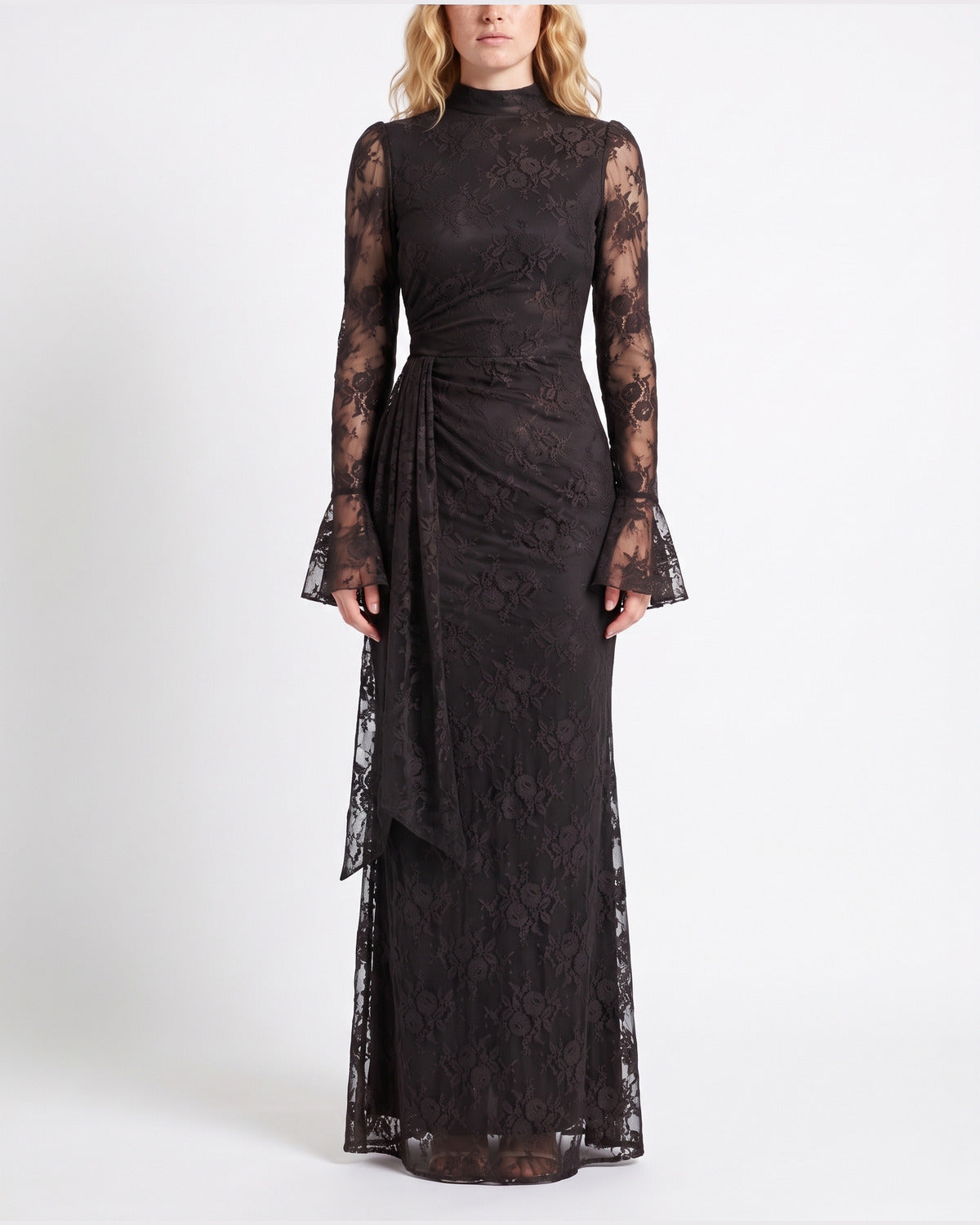 Lace Long Sleeve Formal Maxi Dress With Mock Neck in Black