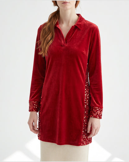 Long Sleeve Velvet Holiday Party Dress With Sequin Trim in Red