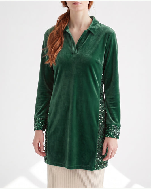 Long Sleeve Velvet Holiday Party Dress With Sequin Trim in Green