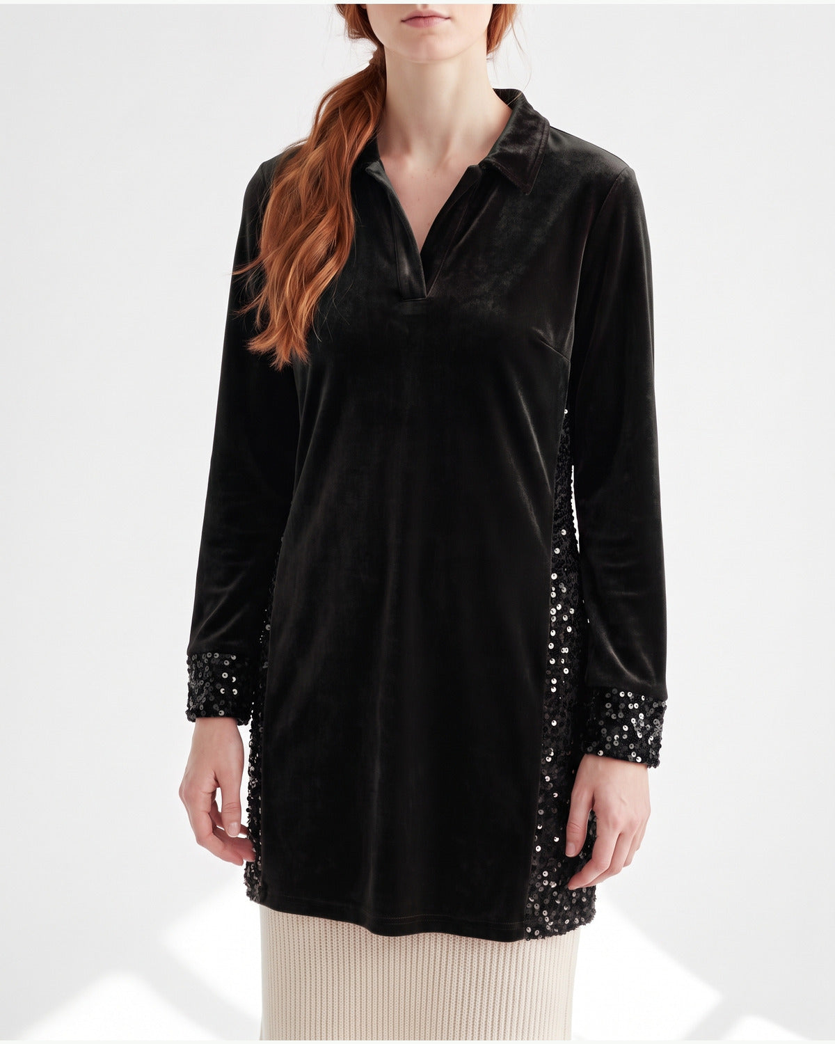 Long Sleeve Velvet Holiday Party Dress With Sequin Trim in Black