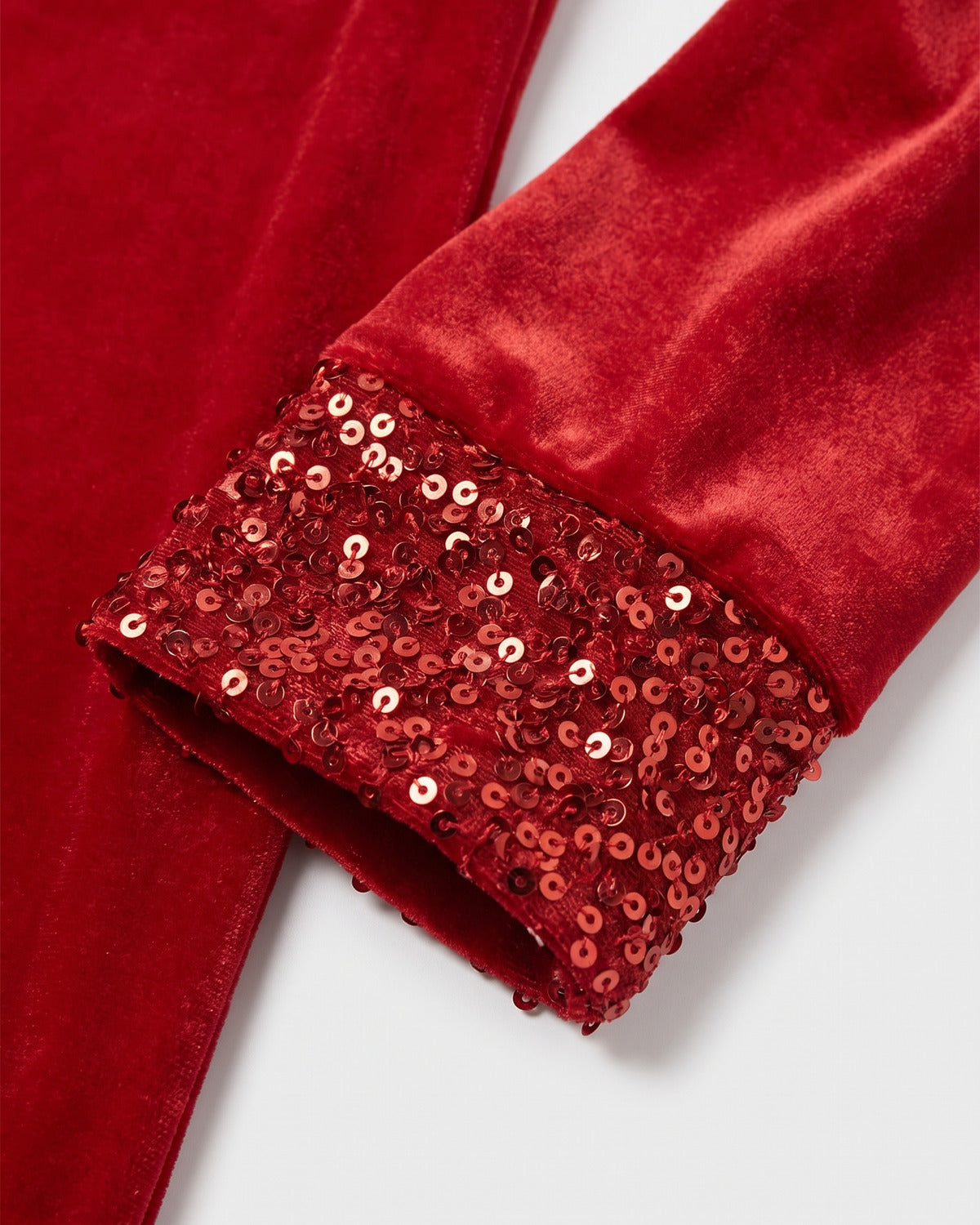 Long Sleeve Velvet Holiday Party Dress With Sequin Trim - close-up detail (Red)