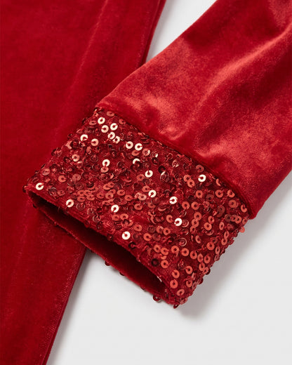 Long Sleeve Velvet Holiday Party Dress With Sequin Trim - close-up detail (Red)