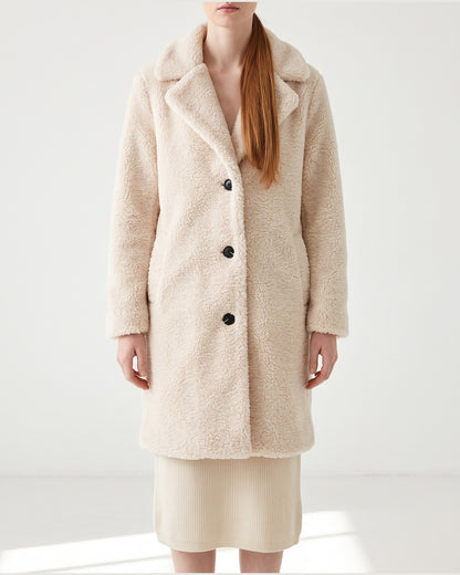 Long Teddy Winter Coat With Notch Lapels in Cream Apricot