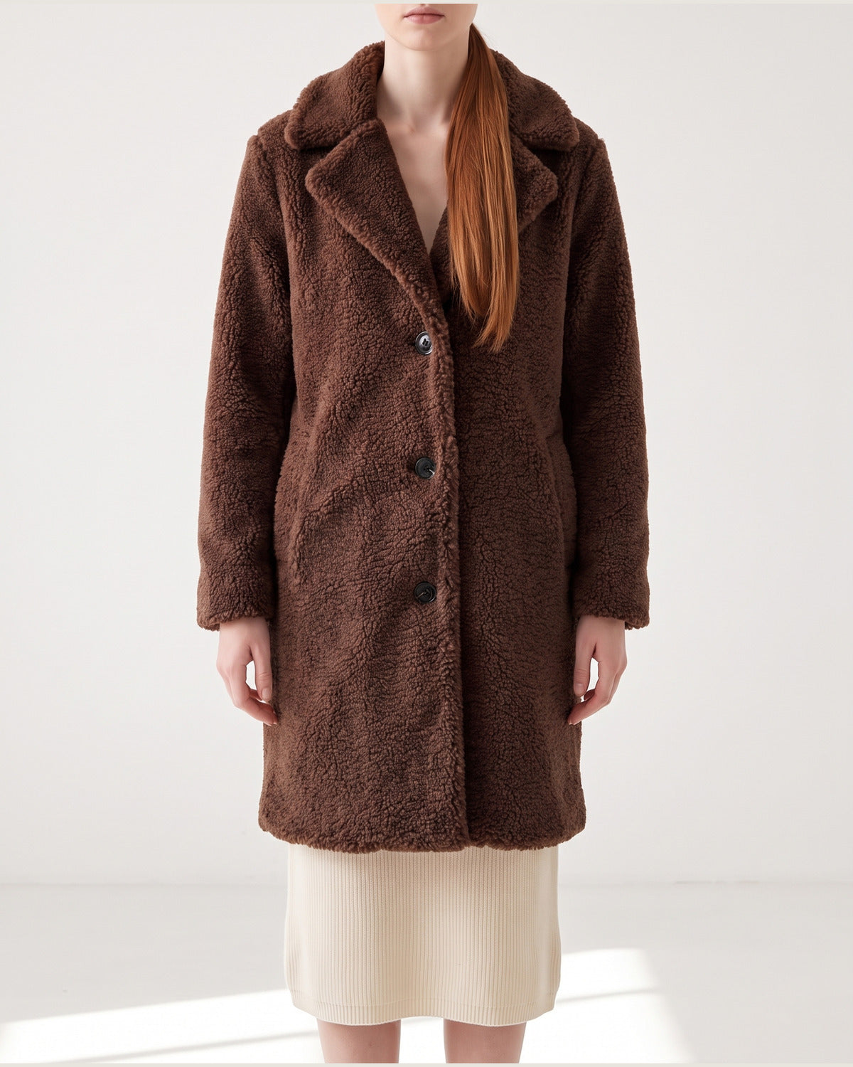 Long Teddy Winter Coat With Notch Lapels in Coffee Brown