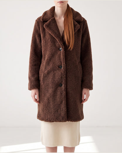 Long Teddy Winter Coat With Notch Lapels in Coffee Brown