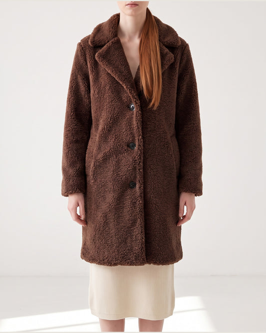 Long Teddy Winter Coat With Notch Lapels in Coffee Brown
