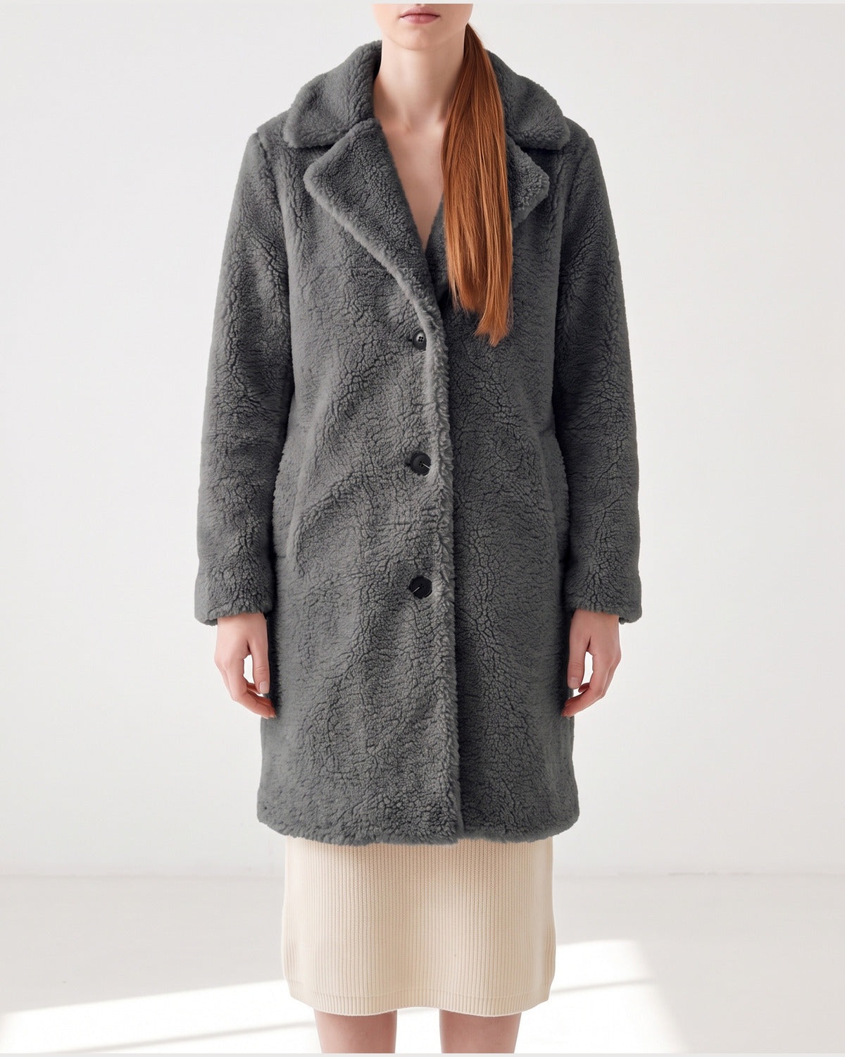 Long Teddy Winter Coat With Notch Lapels in Dark Grey