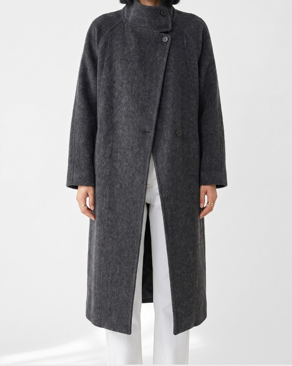 Long Winter Wrap Coat With Stand Collar and Belt in Charcoal Grey