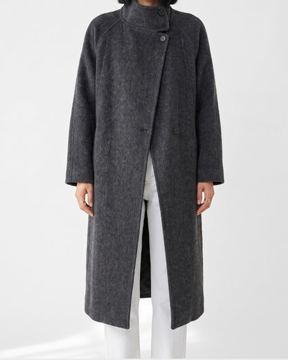 Long Winter Wrap Coat With Stand Collar and Belt in Charcoal Grey