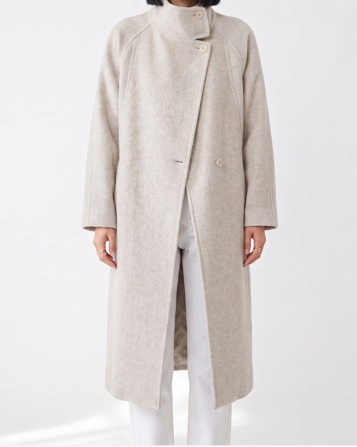 Long Winter Wrap Coat With Stand Collar and Belt in Oatmeal