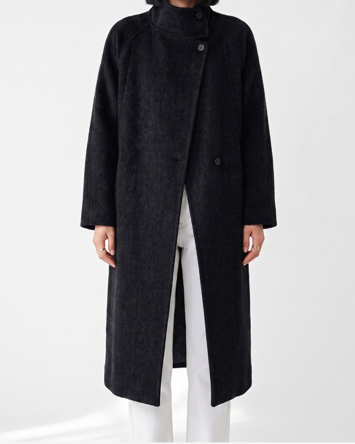Long Winter Wrap Coat With Stand Collar and Belt in Black