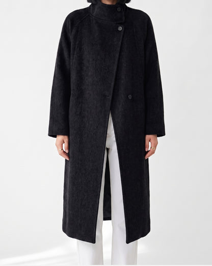 Long Winter Wrap Coat With Stand Collar and Belt in Black