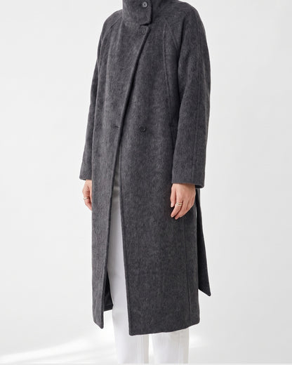 Long Winter Wrap Coat With Stand Collar and Belt - side view (Charcoal Grey)