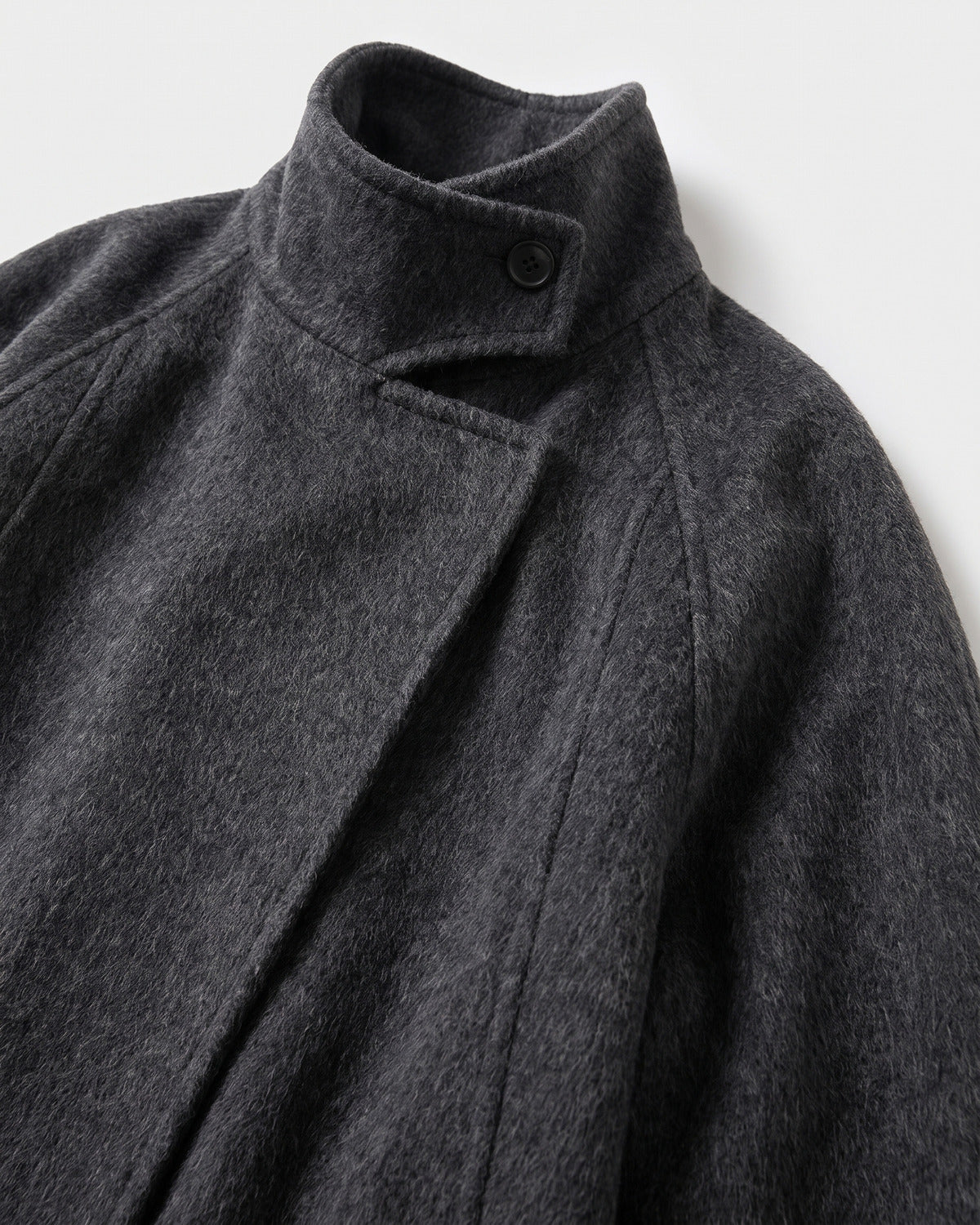Long Winter Wrap Coat With Stand Collar and Belt - close-up detail (Charcoal Grey)