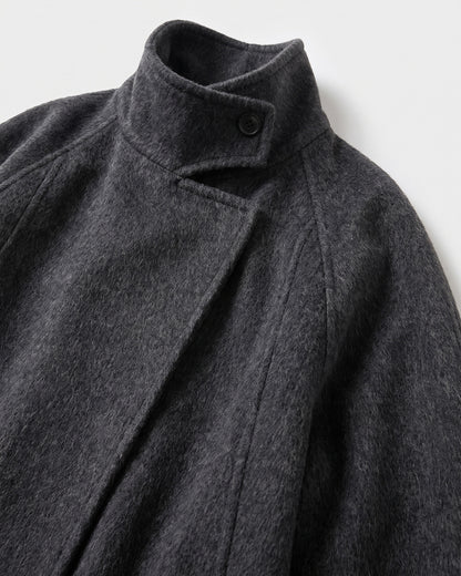 Long Winter Wrap Coat With Stand Collar and Belt - close-up detail (Charcoal Grey)
