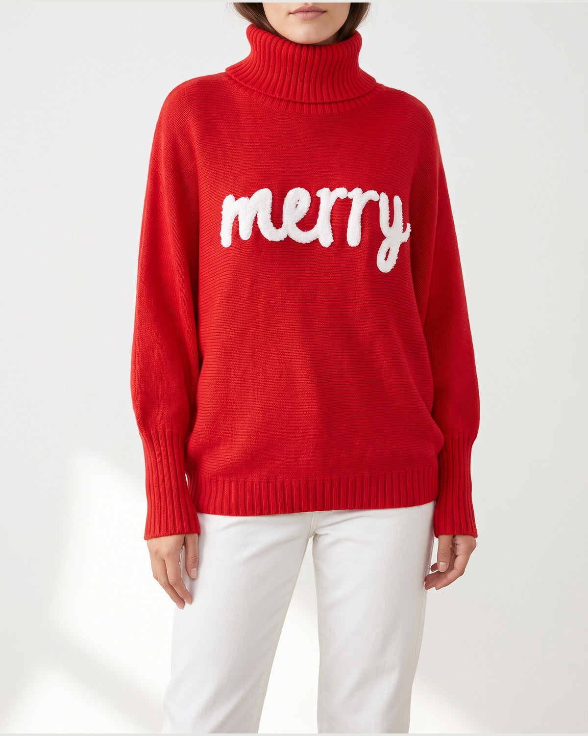 Merry Script Oversized Christmas Turtleneck Sweater in Red