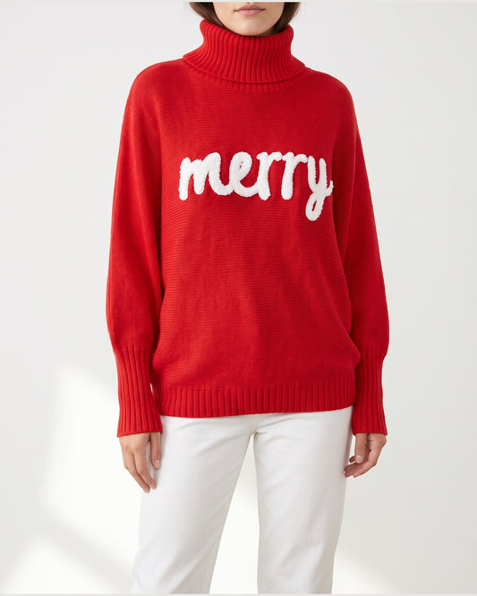 Merry Script Oversized Christmas Turtleneck Sweater in Red