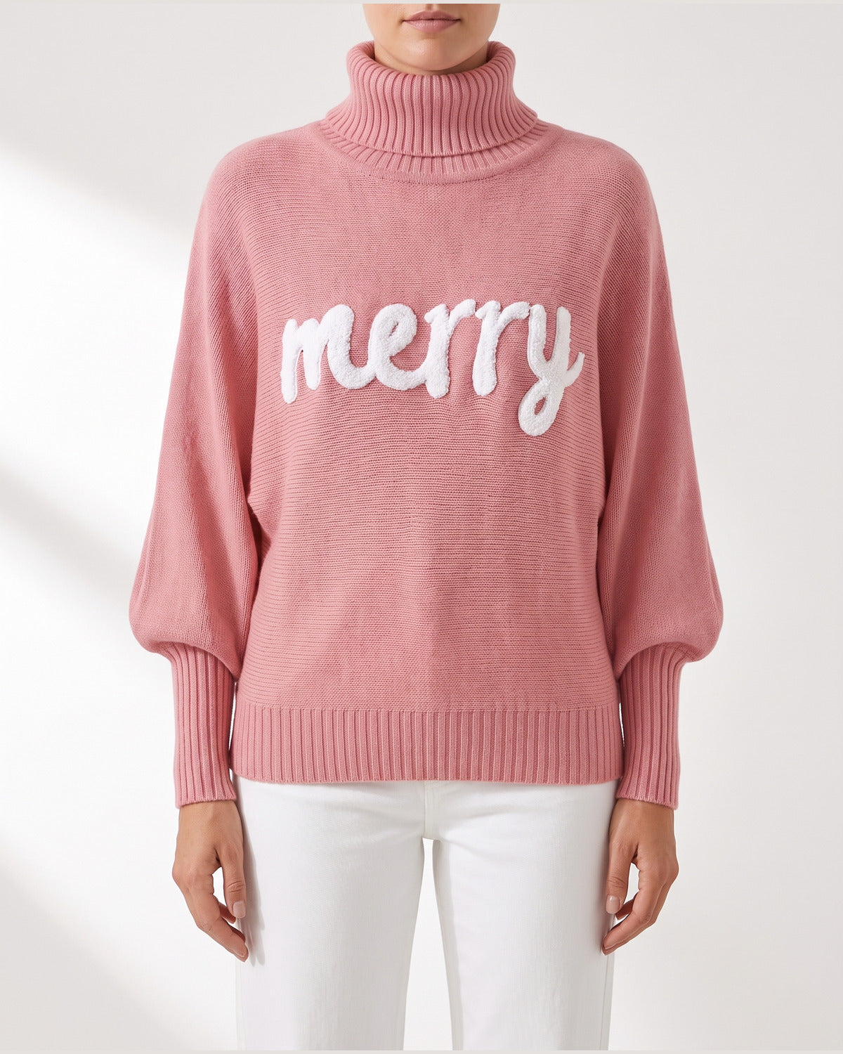 Merry Script Oversized Christmas Turtleneck Sweater in Pink