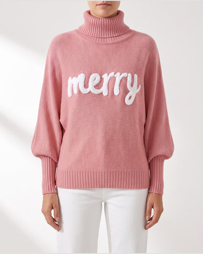 Merry Script Oversized Christmas Turtleneck Sweater in Pink