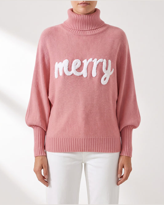 Merry Script Oversized Christmas Turtleneck Sweater in Pink