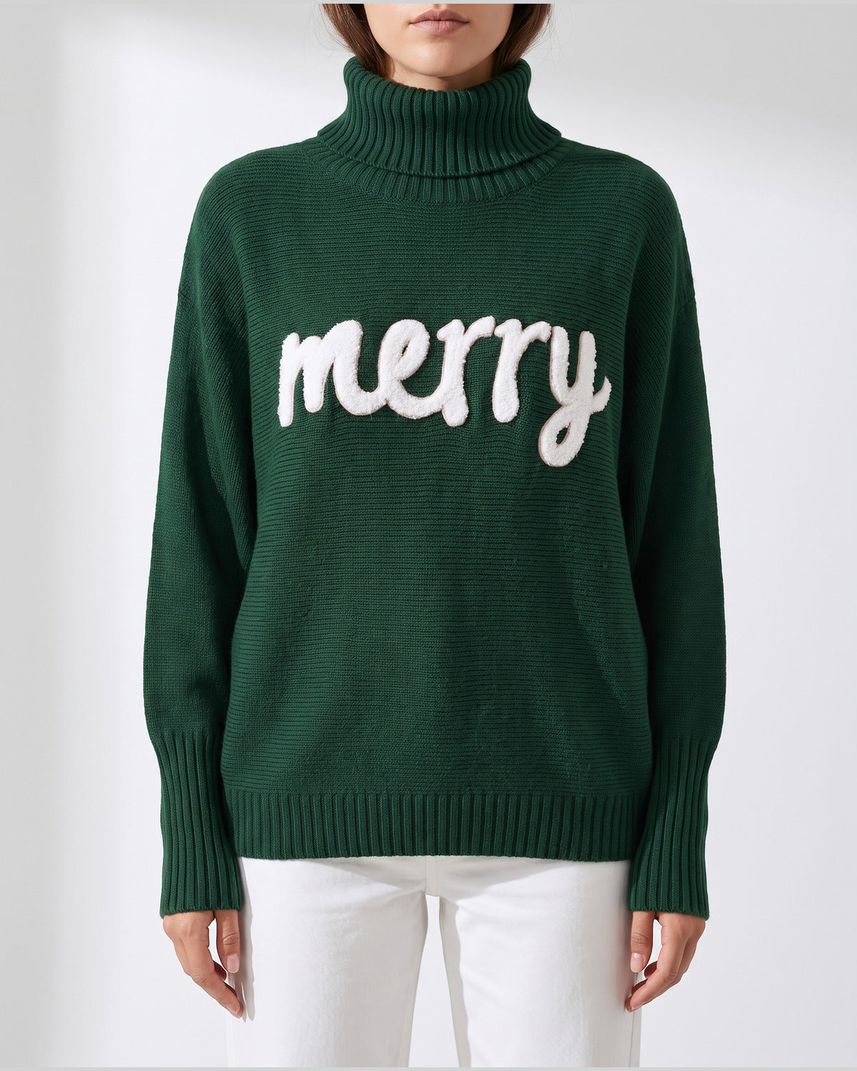 Merry Script Oversized Christmas Turtleneck Sweater in Dark Green