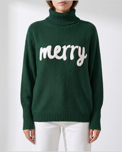 Merry Script Oversized Christmas Turtleneck Sweater in Dark Green