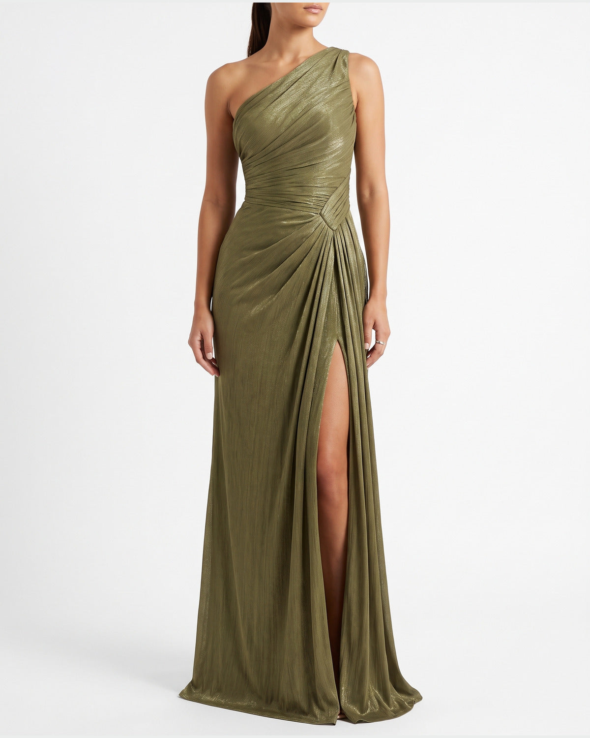 One Shoulder Satin Formal Maxi Dress With Thigh Slit in Olive Green