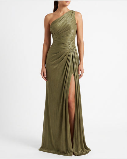 One Shoulder Satin Formal Maxi Dress With Thigh Slit in Olive Green