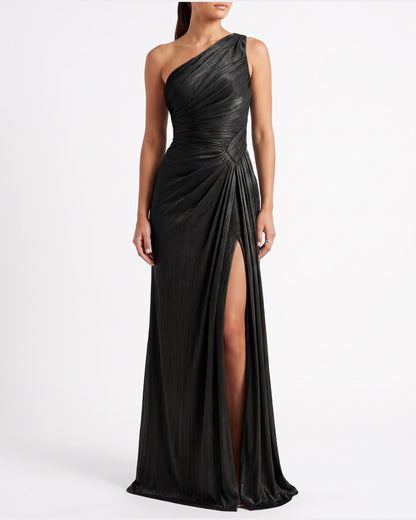 One Shoulder Satin Formal Maxi Dress With Thigh Slit in Black
