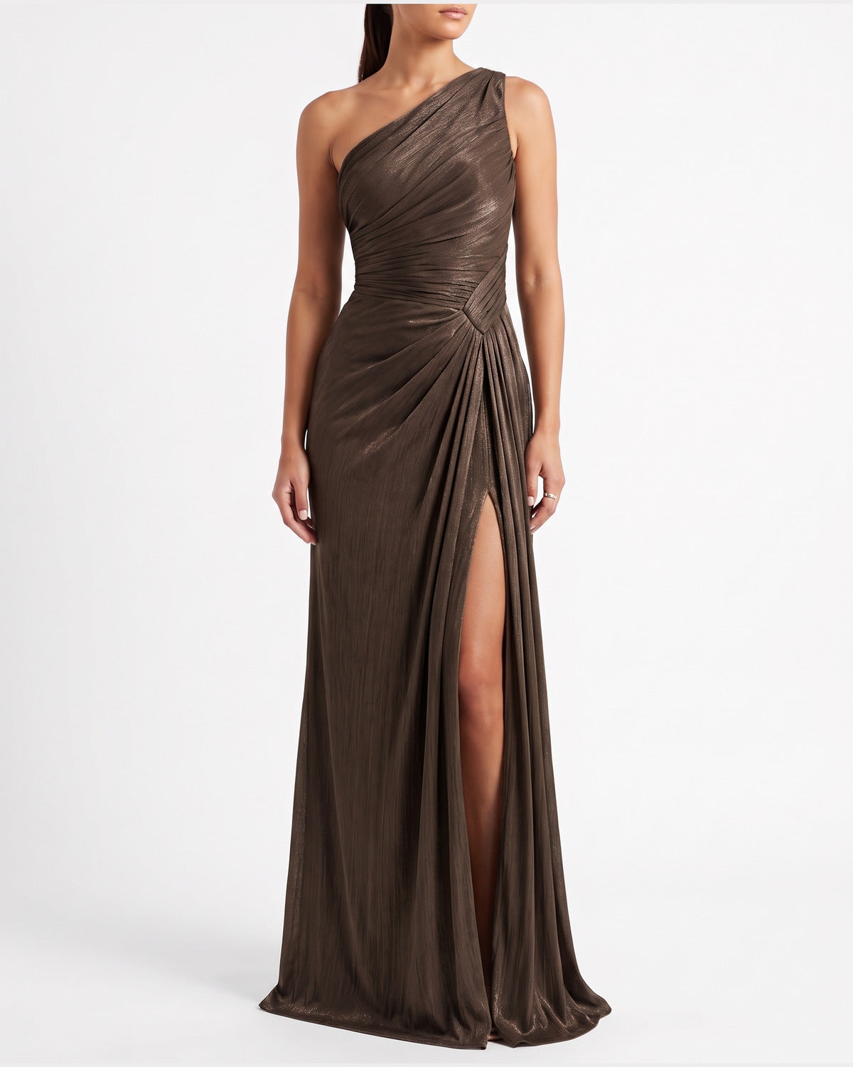 One Shoulder Satin Formal Maxi Dress With Thigh Slit in Brown