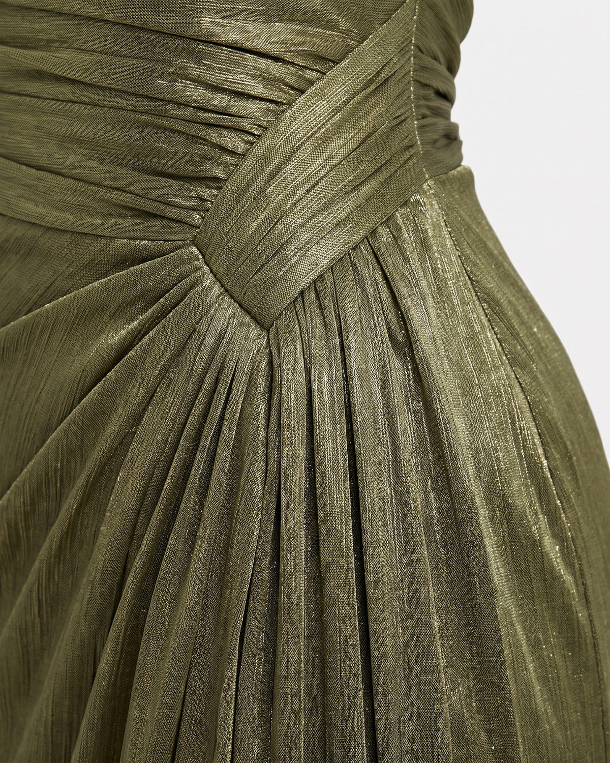 One Shoulder Satin Formal Maxi Dress With Thigh Slit - close-up detail (Olive Green)