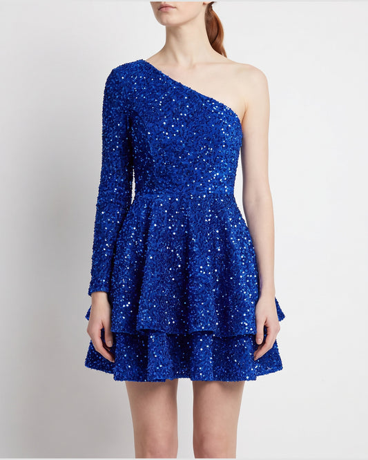 One Shoulder Sequin Mini Cocktail Dress With Tiered Ruffles in Royal Blue
