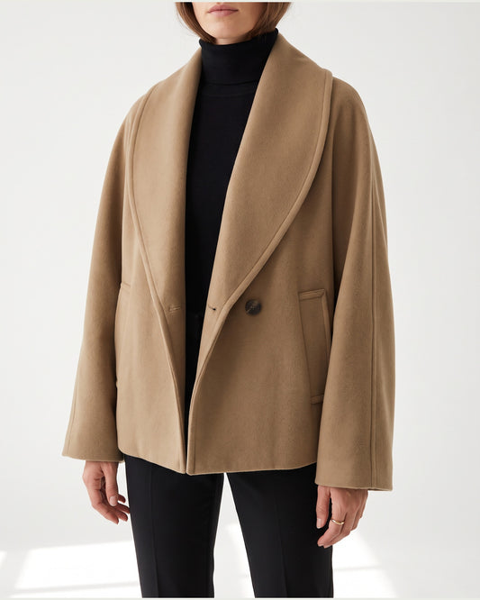 Oversized Cropped Winter Coat With Shawl Collar in Camel Khaki