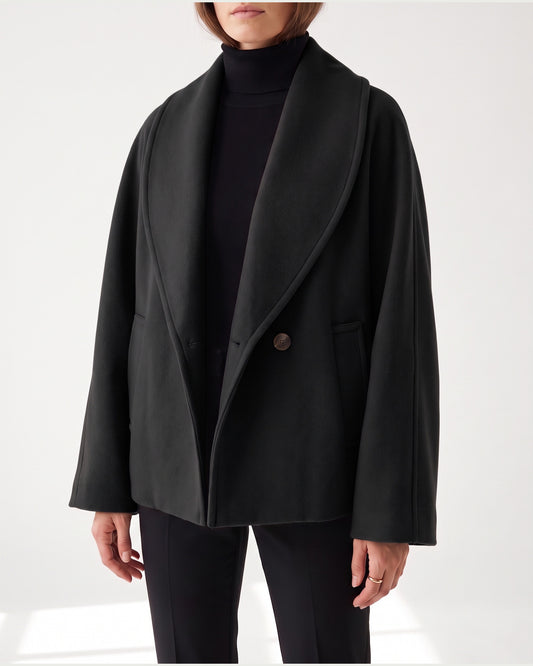 Oversized Cropped Winter Coat With Shawl Collar in Black