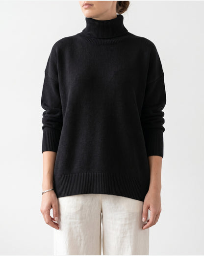 Oversized Knit Turtleneck Sweater With Side Slits in Black