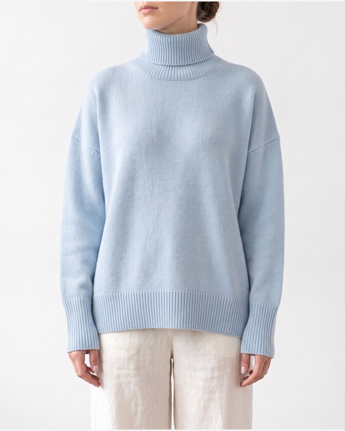 Oversized Knit Turtleneck Sweater With Side Slits in Light Blue