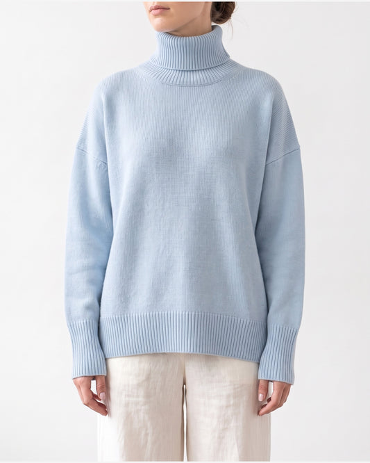 Oversized Knit Turtleneck Sweater With Side Slits in Light Blue