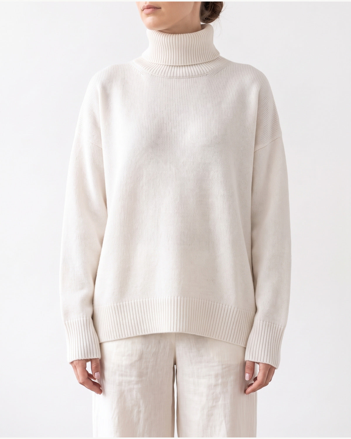 Oversized Knit Turtleneck Sweater With Side Slits in Off-white