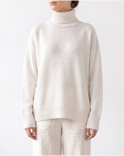 Oversized Knit Turtleneck Sweater With Side Slits in Off-white