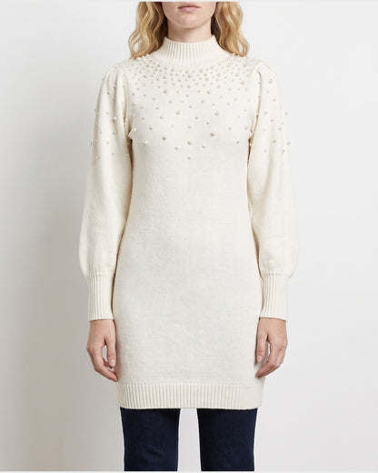 Pearl Puff Sleeve Bodycon Mini Sweater Dress in Off-white
