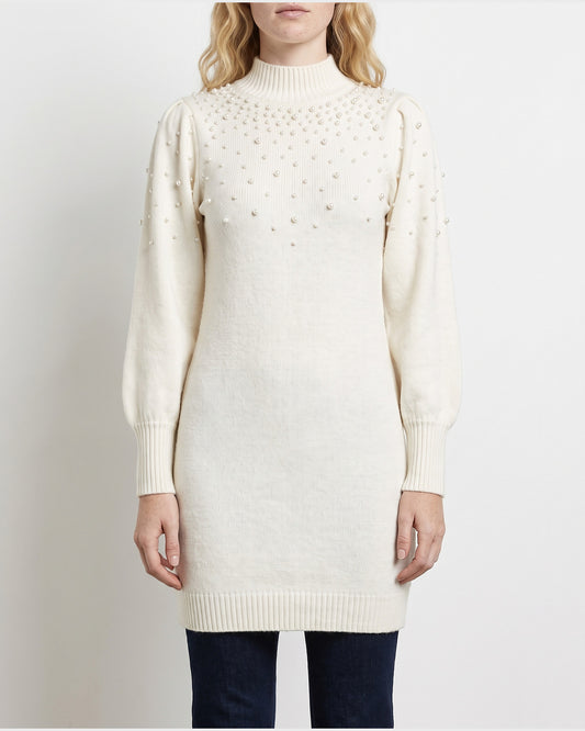 Pearl Puff Sleeve Bodycon Mini Sweater Dress in Off-white