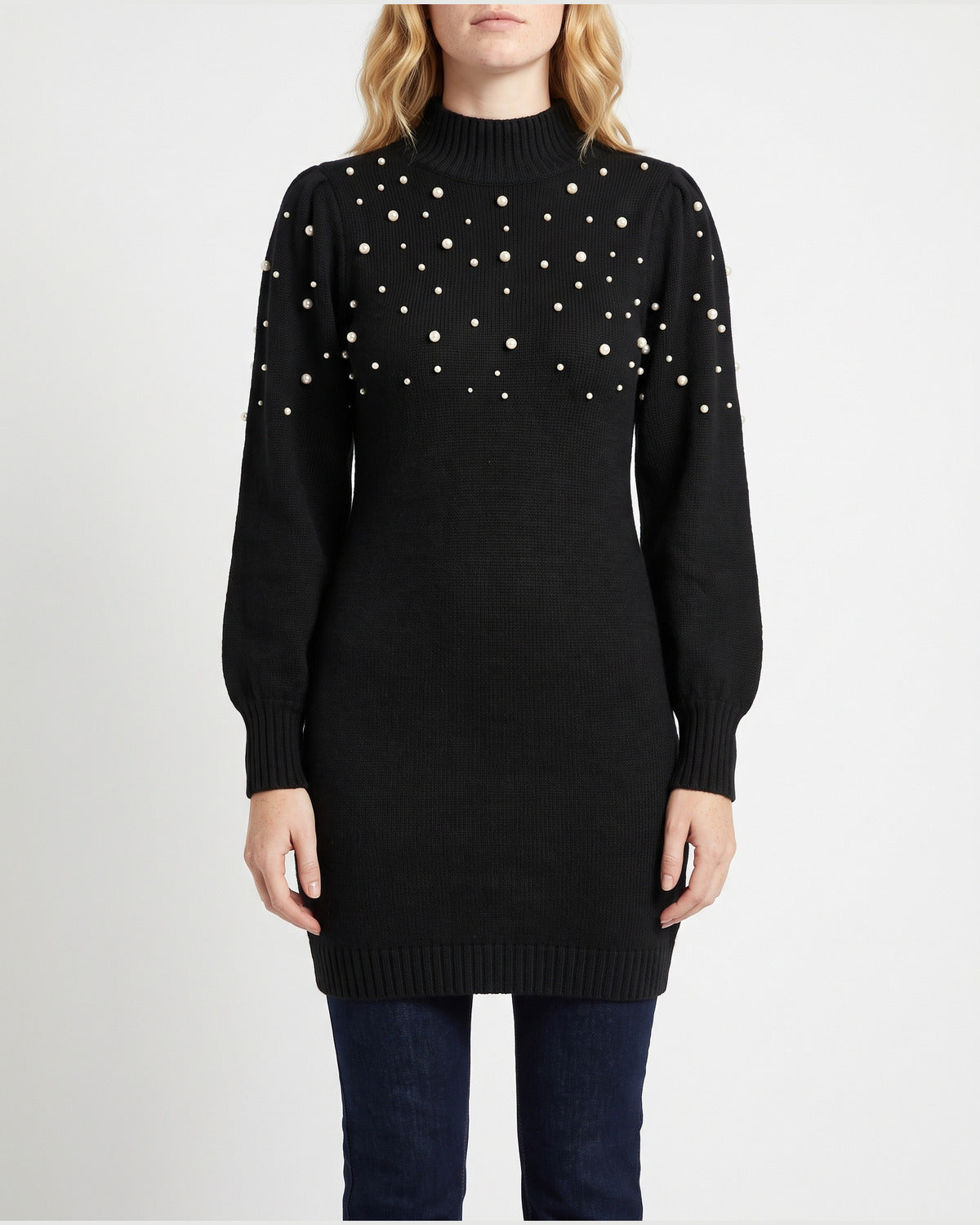 Pearl Puff Sleeve Bodycon Mini Sweater Dress in Black