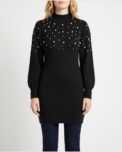 Pearl Puff Sleeve Bodycon Mini Sweater Dress in Black