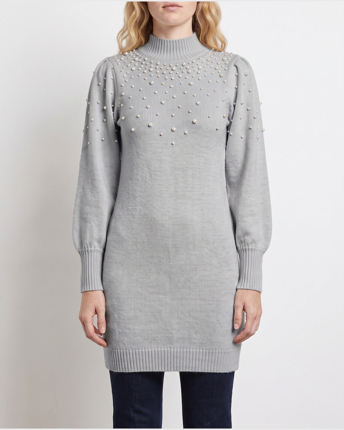 Pearl Puff Sleeve Bodycon Mini Sweater Dress in Grey