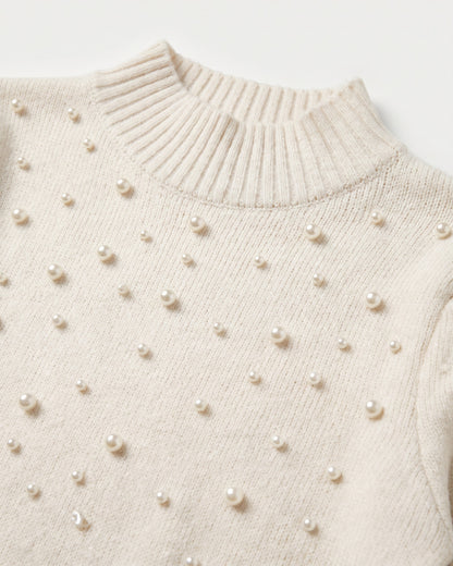 Pearl Puff Sleeve Bodycon Mini Sweater Dress - close-up detail (Off-white)