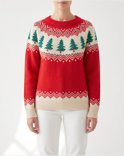 Red Christmas Tree Fair Isle Sweater With Crew Neck in Red With Cream And Green Yoke